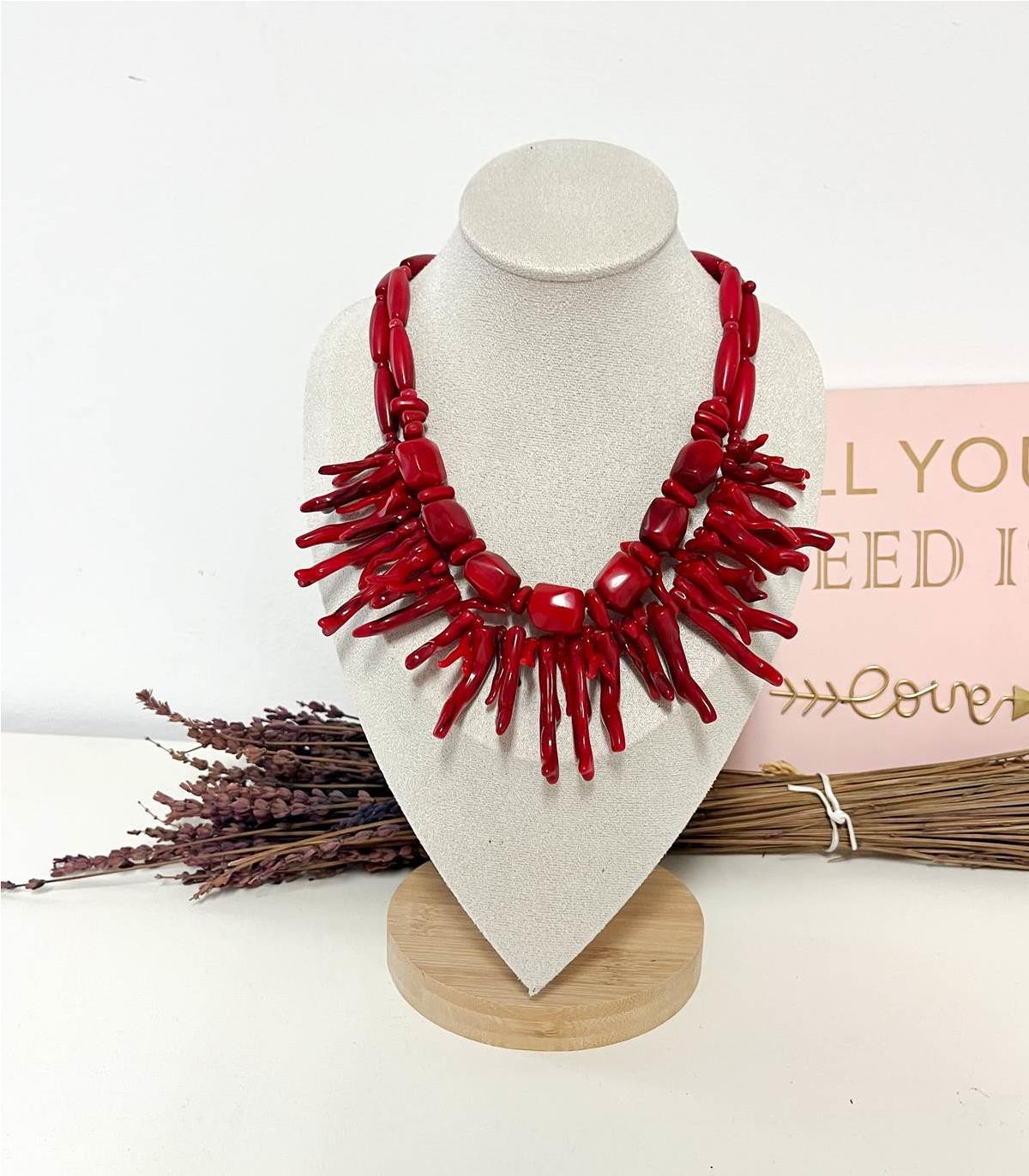 COLLAR COMBI MADERA Y CORAL ROJO