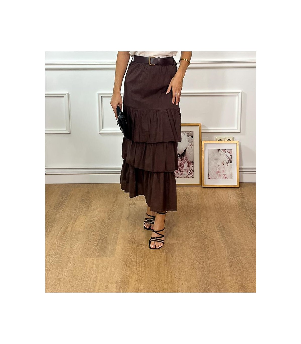FALDA LARGA CON CINTURON MARRON