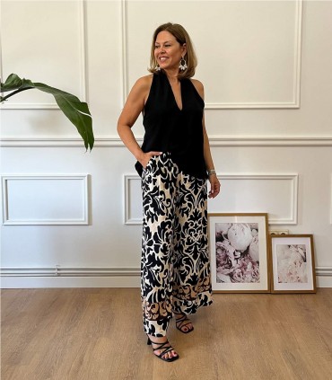 PANTALON ANCHO ESTAMPADO NEGRO