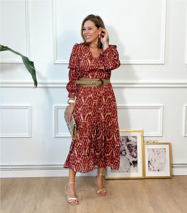 VESTIDO ESTAMPADO CUELLO PICO MARRON