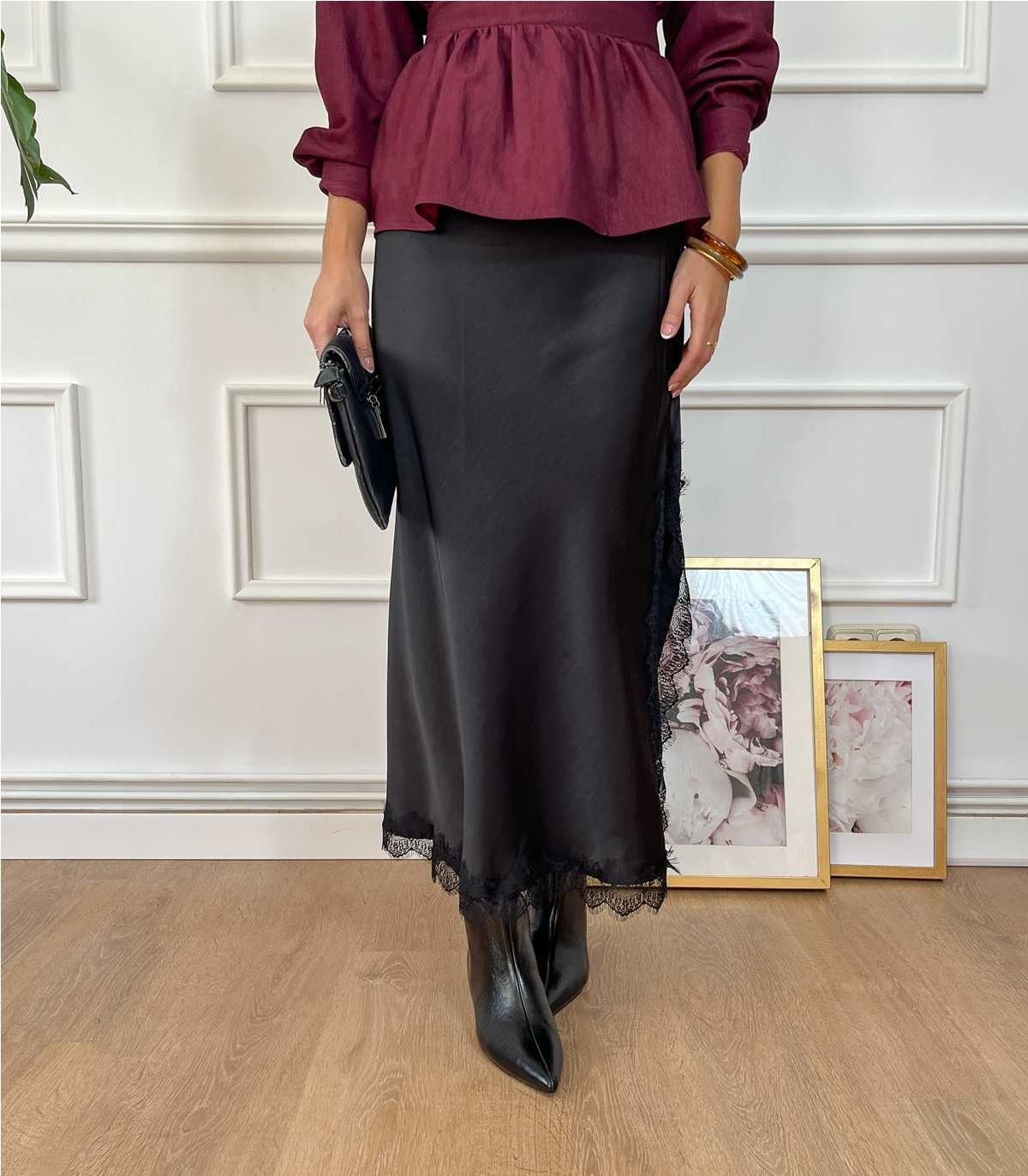 FALDA RASO COMBINADA NEGRO