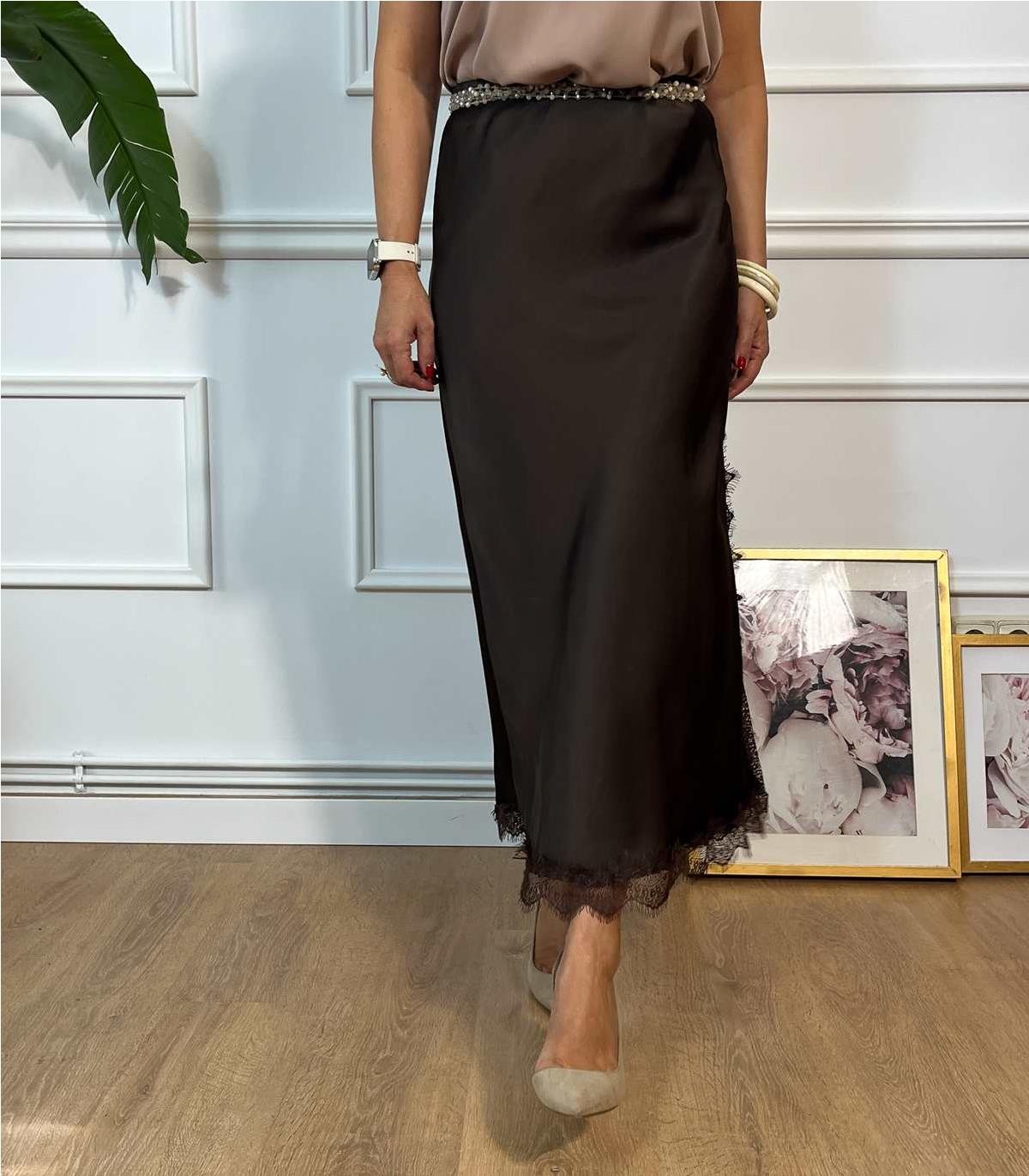FALDA RASO COMBINADA MARRON