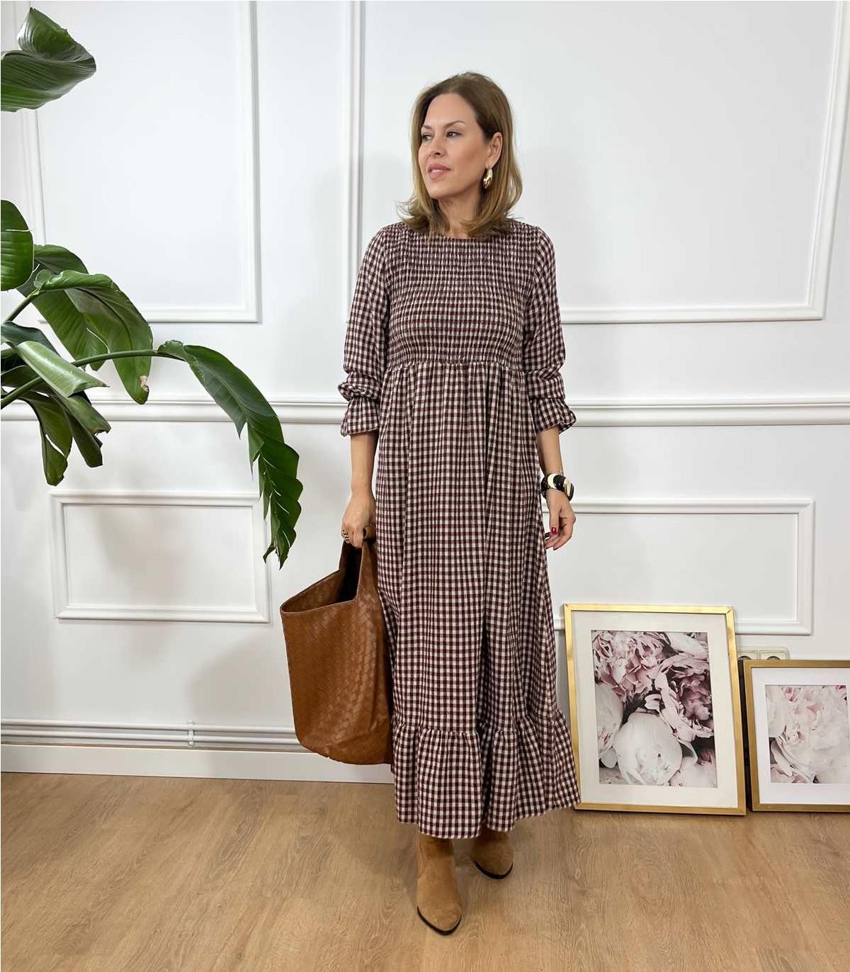 VESTIDO LARGO CUADRO MARRON