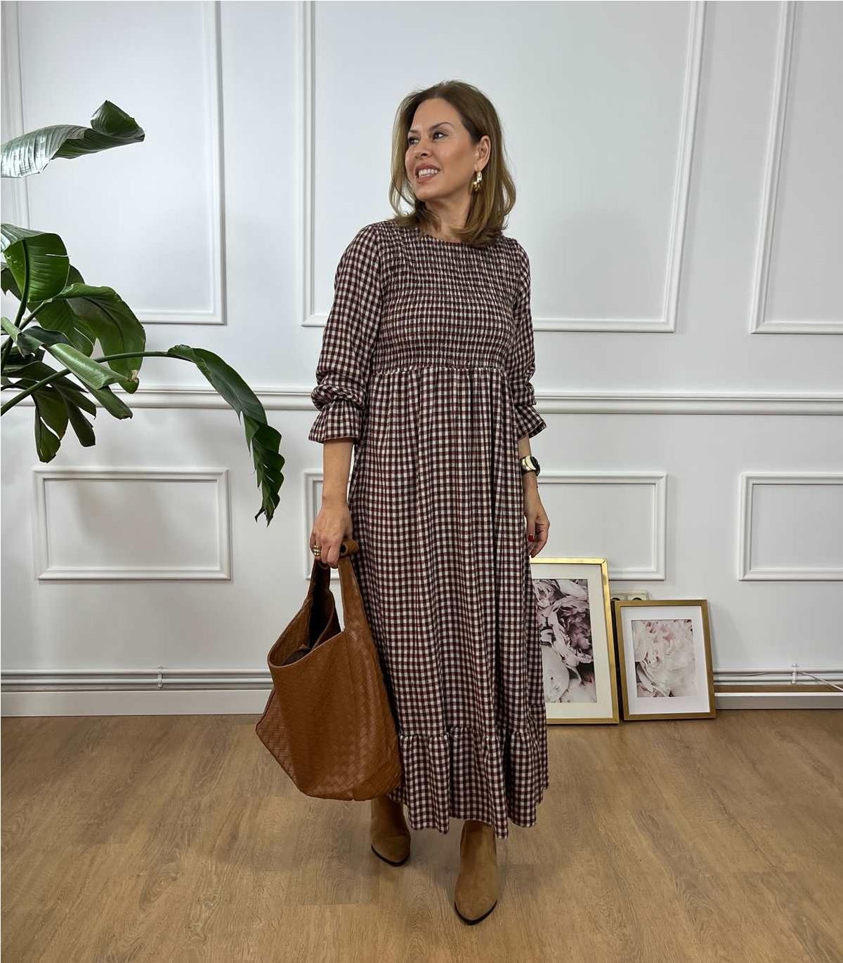 VESTIDO LARGO CUADRO MARRON